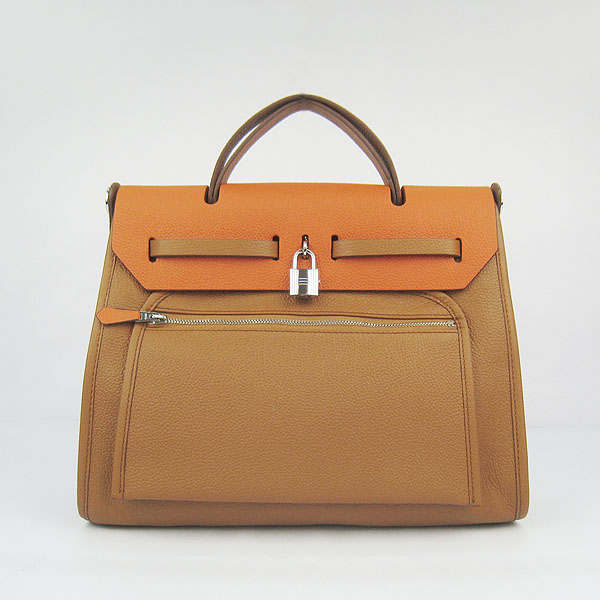 7A Replica Hermes Light Coffee/Orange Kelly 32cm Togo Leather Bag 60667